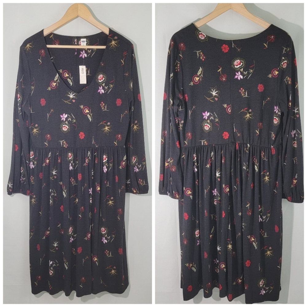 Old Navy Black Floral Long Sleeve Midi Dress